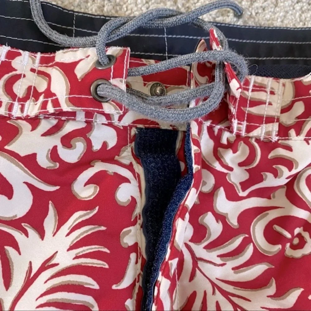 NEW! Hawaiian Swim Trunks Board Shorts Red Beige Netted Lining Pockets Size 36